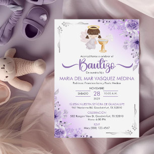 Bautizo Invacion Cute Girl Angel Flowers Baptism Inbjudningar