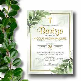 Bautizo Invacion Greenery Religiösa Baptism Inbjudningar