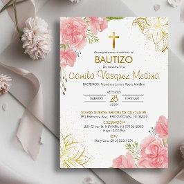 Bautizo Invacion in spansk Baptism Rosa Flowers Inbjudningar