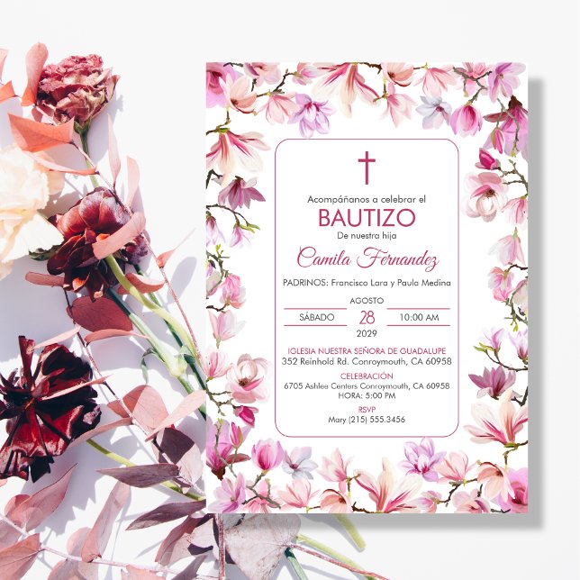 Bautizo Invacion in spansk Baptism Rosa Flowers Inbjudningar (Skapare uppladdad)