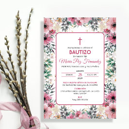 Bautizo Invacion in spansk Baptism Rosa Flowers Inbjudningar