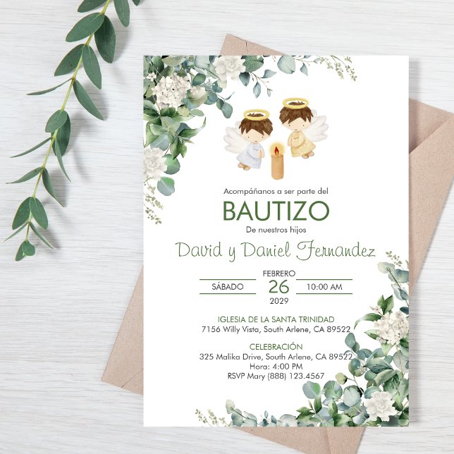 Bautizo Invacion Twin boys Grönt Löv Baptism Inbjudningar (Skapare uppladdad)