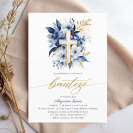 Bautizo Navy Blue & Guld Watercolor Spain Inbjudningar