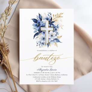 Bautizo Navy Blue & Guld Watercolor Spain Inbjudningar