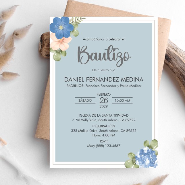 Bautizo Spansk bjudacion Blåa blommor Baptism Inbjudningar (Skapare uppladdad)