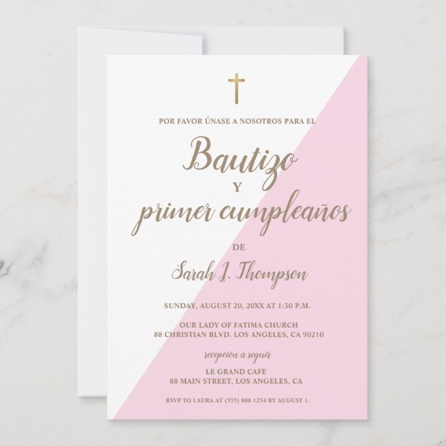 Bautizo y primer cumpleaños Baptism spansk Rosa Inbjudningar (Framsida)