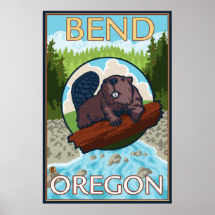 Bäver & flod - krökning, Oregon Poster