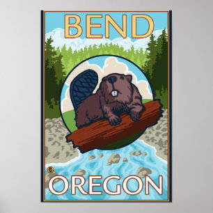 Bäver & flod - krökning, Oregon Poster