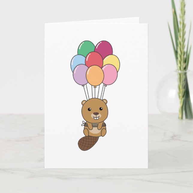 Bäver flyger upp med färgglada ballonger kort (Framsida)