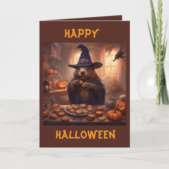 Bäver i häxkostym Halloween hälsning Kort (Framsida)