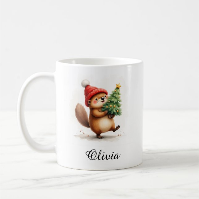 Bäver med julgran anpassat namn kaffemugg (Vänster)