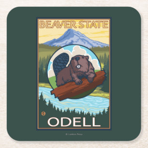 Bäver & Mt.-huva - Odell, Oregon Underlägg Papper Kvadrat