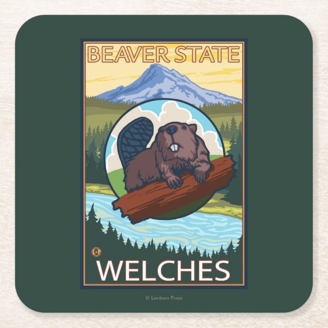 Bäver & Mt.-huva - Welches, Oregon Underlägg Papper Kvadrat (Framsidan)