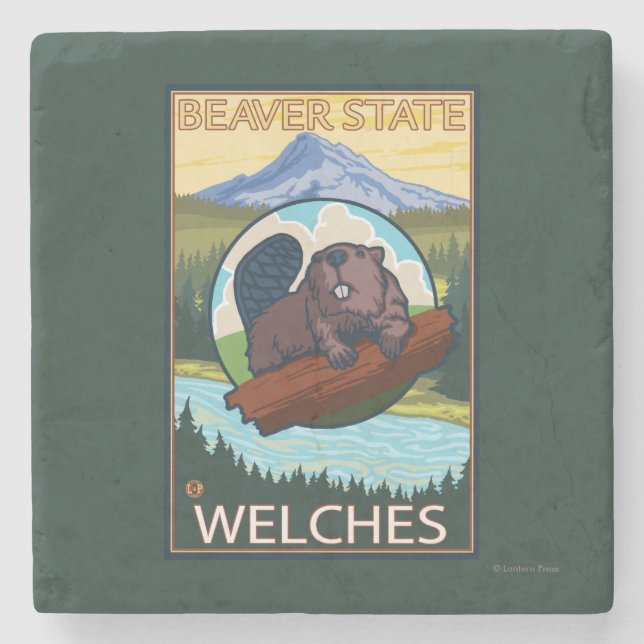 Bäver & Mt.-huva - Welches, Oregon Underlägg Sten (Framsidan)