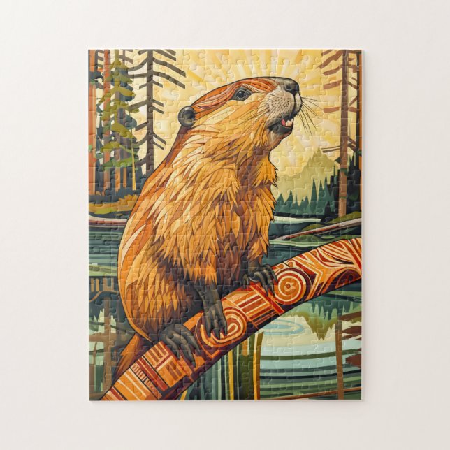 Bäver Totem – Byggare i Deco-stil Pussel (Vertikal)