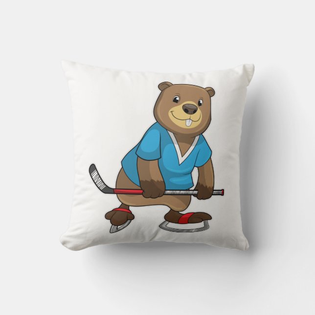 Bäver vid ishockey med ishockeyklubba kudde (Framsida)