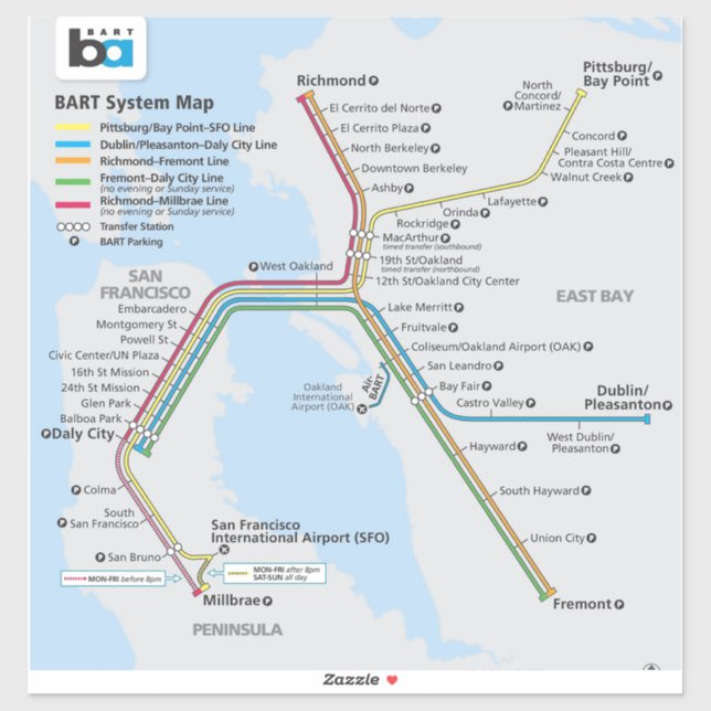 Bay Area Bart Train Map Klistermärken (Ark)