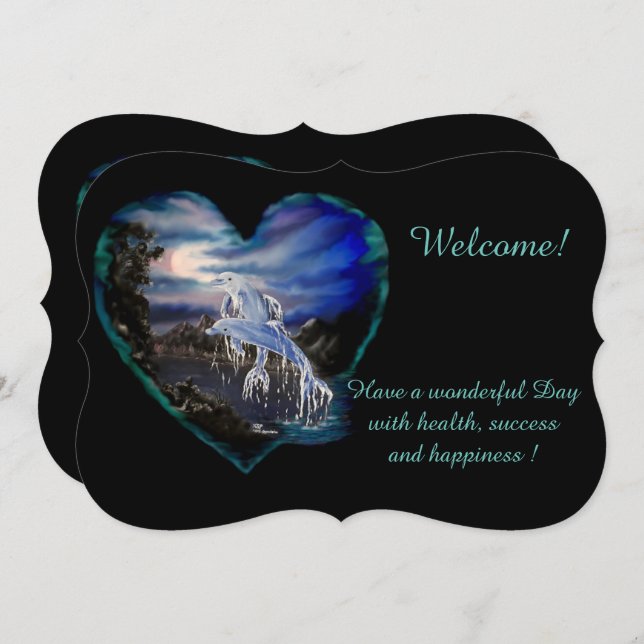 Bay at Night, Dolphin Kärlek, lägg till din text Inbjudningar (Fram/baksida)