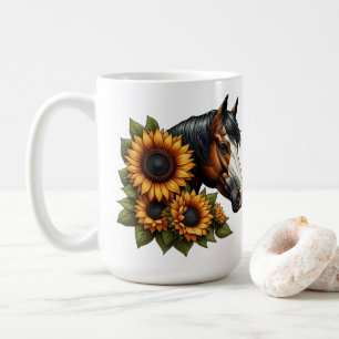 Bay Bald Ansikte Paint Horse med solblommor Kaffemugg