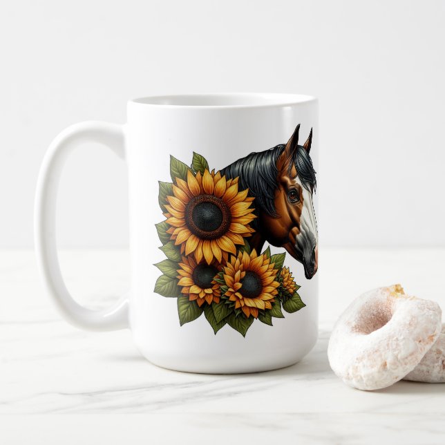 Bay Bald Ansikte Paint Horse med solblommor Kaffemugg (Med munk)