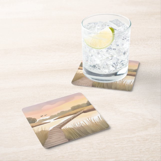 Bay Boardwalk | Airy Coastal Watercolor Painting Underlägg Papper Kvadrat (Insitu)