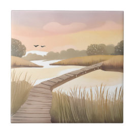 Bay Boardwalk | Ljus kustmålning i akvarell Kakelplatta