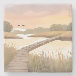 Bay Boardwalk | Ljus Kustmålning i Vattenfärg Stenunderlägg