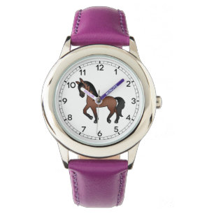 Bay Brown Trotting Horse Cute Tecknad Illustration Armbandsur
