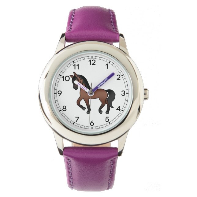 Bay Brown Trotting Horse Cute Tecknad Illustration Armbandsur (Framsida)