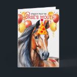 Bay Horse Funny Birthday Kort<br><div class="desc">Fackfärgning med rödbrun jacka och svarta prickar och mane på en häst med party hatt och med födelsedagspresent önskemål.</div>