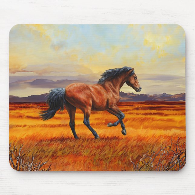 Bay Horse Galloping över Prairie Musmatta (Framsidan)