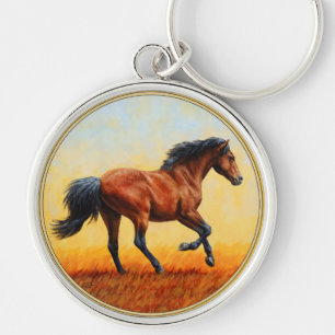 Bay Horse Galloping Rund Silverfärgad Nyckelring
