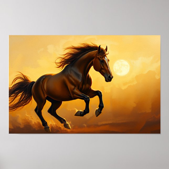 Bay Horse Gallops, Sunset Sky, Flowing Mane Poster (Framsidan)