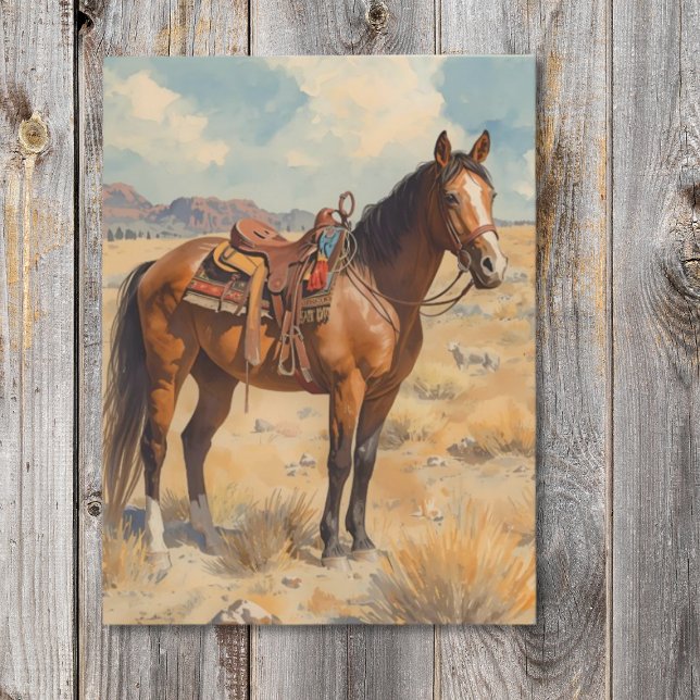 Bay Horse i Desert Southwest Vykort (Watercolor horse postcard)