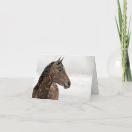 Bay Horse in Falling Snö, Personlig Message Helgkort