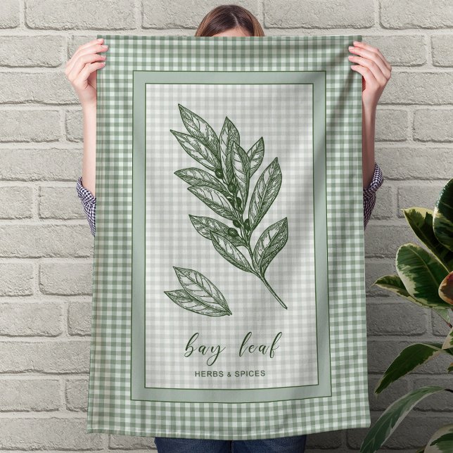 Bay Leaf Herb Kitchen Towel – Green Gingham Border Kökshandduk (Bay Leaf Herb Kitchen Towel – Green Gingham Border)
