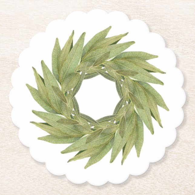 BAY LÖV WREATH Scalloped Round Papper Underlägg (Framsida)