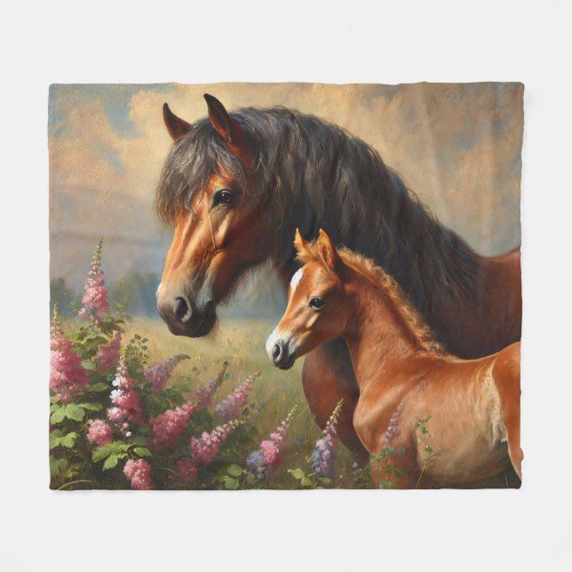 Bay Mare med en målning av foal Wildblommor Fleecefilt (Framsidan (Horisontell))