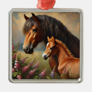 Bay Mare med en målning av foal Wildblommor Julgransprydnad Metall