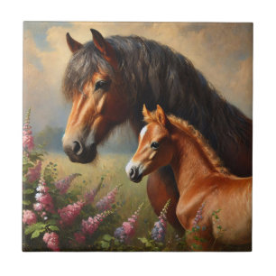 Bay Mare med en målning av foal Wildblommor Kakelplatta