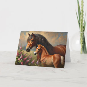 Bay Mare med en målning av foal Wildblommor Kort