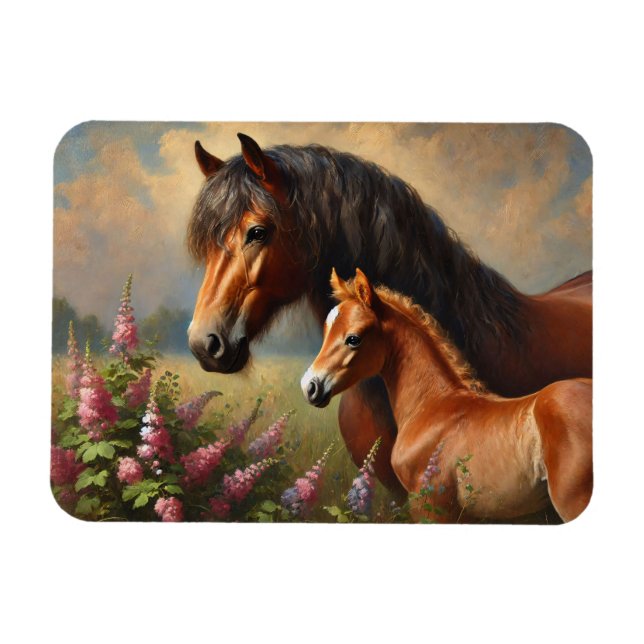 Bay Mare med en målning av foal Wildblommor Magnet (Horisontell)