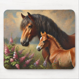Bay Mare med en målning av foal Wildblommor Musmatta