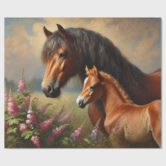 Bay Mare med en målning av foal Wildblommor Presentpapper (Platt)