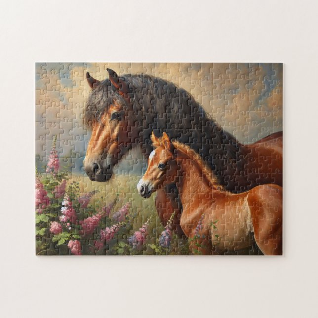 Bay Mare med en målning av foal Wildblommor Pussel (Horisontell)
