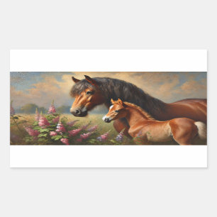 Bay Mare med en målning av foal Wildblommor Rektangulärt Klistermärke