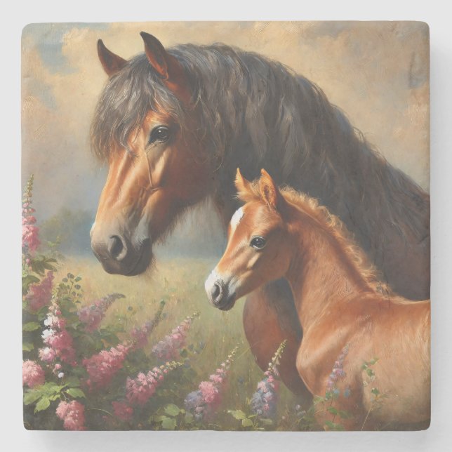 Bay Mare med en målning av foal Wildblommor Stenunderlägg (Framsidan)