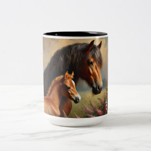 Bay Mare med en målning av foal Wildblommor Två-Tonad Mugg
