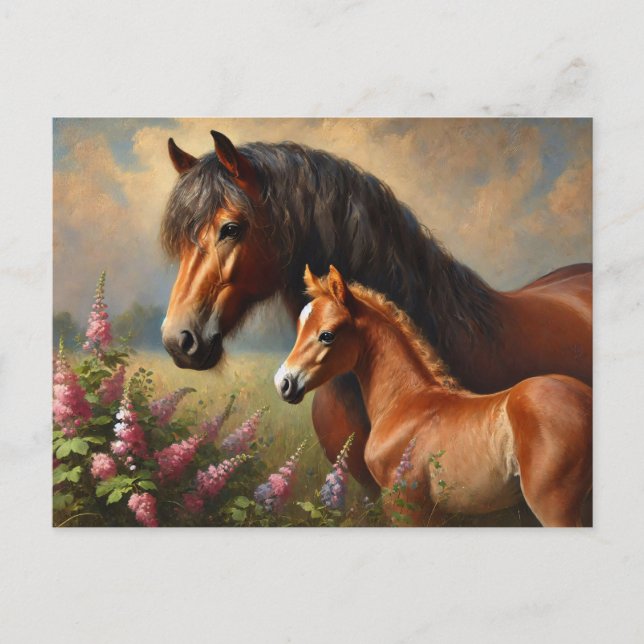 Bay Mare med en målning av foal Wildblommor Vykort (Framsida)