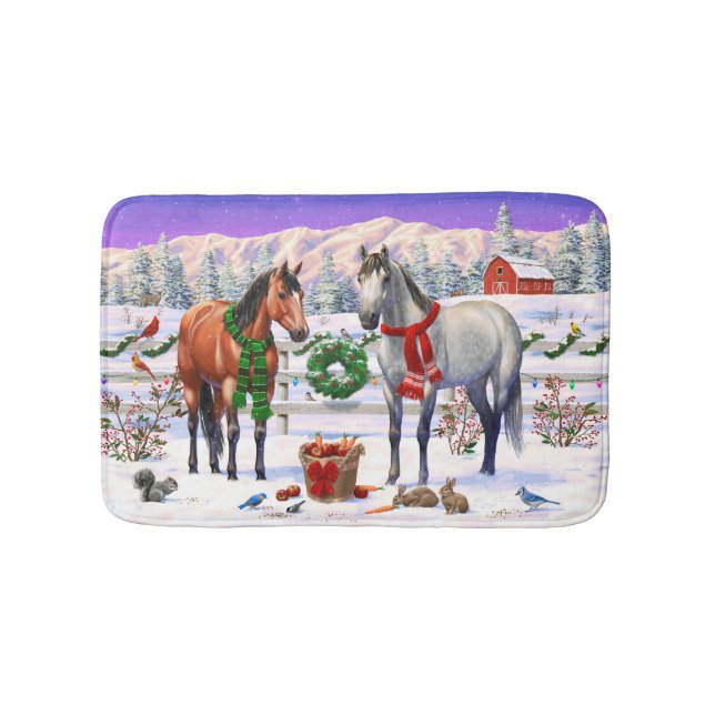 Bay och Dapple Grått Horses i Snö Julgård Badrumsmatta (Framsidan)